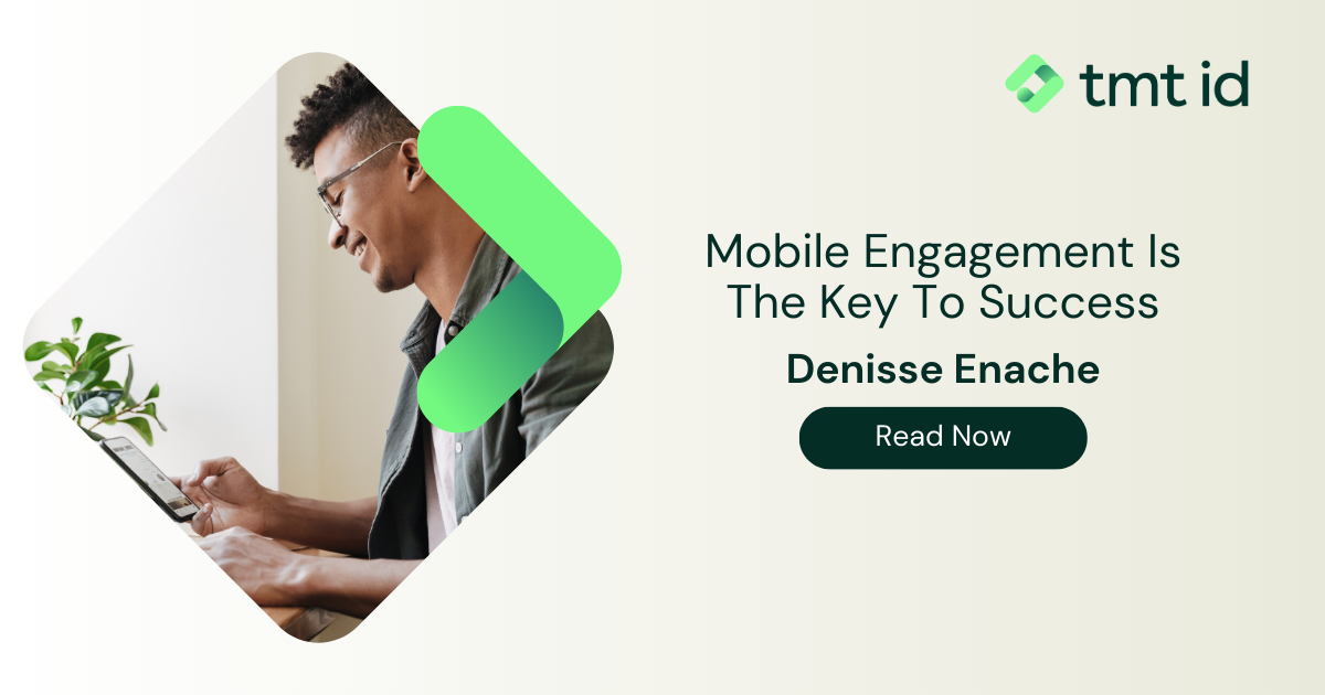 A focused individual using a mobile device next to a promotional banner about mobile engagement success strategies.