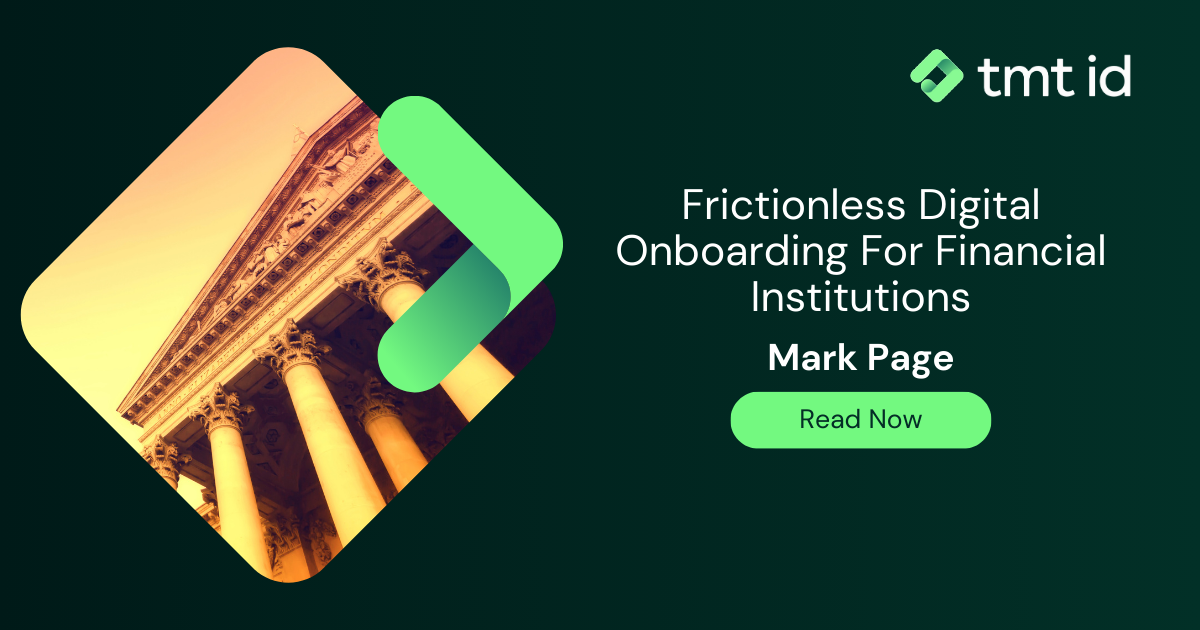 Graphic illustrating frictionless digital onboarding for financial institutions, featuring an image of a classic columned building and a call-to-action button with text "read now".