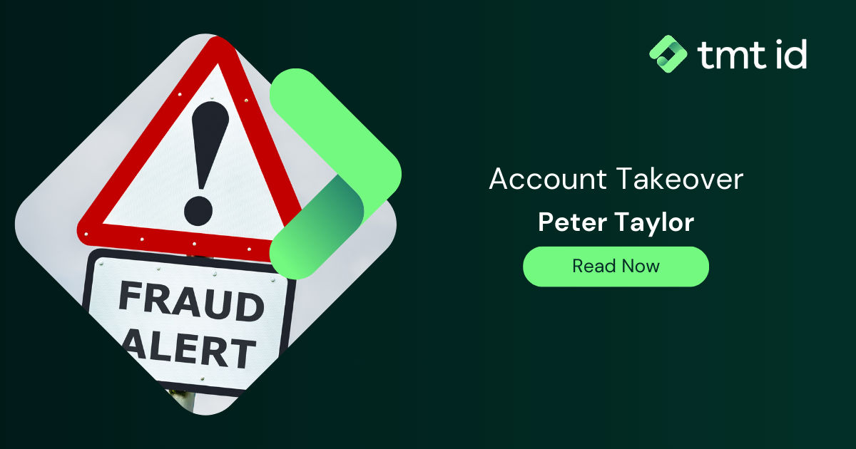Graphic with a warning sign for account takeover alert, promoting a piece on account takeover by Peter Taylor.