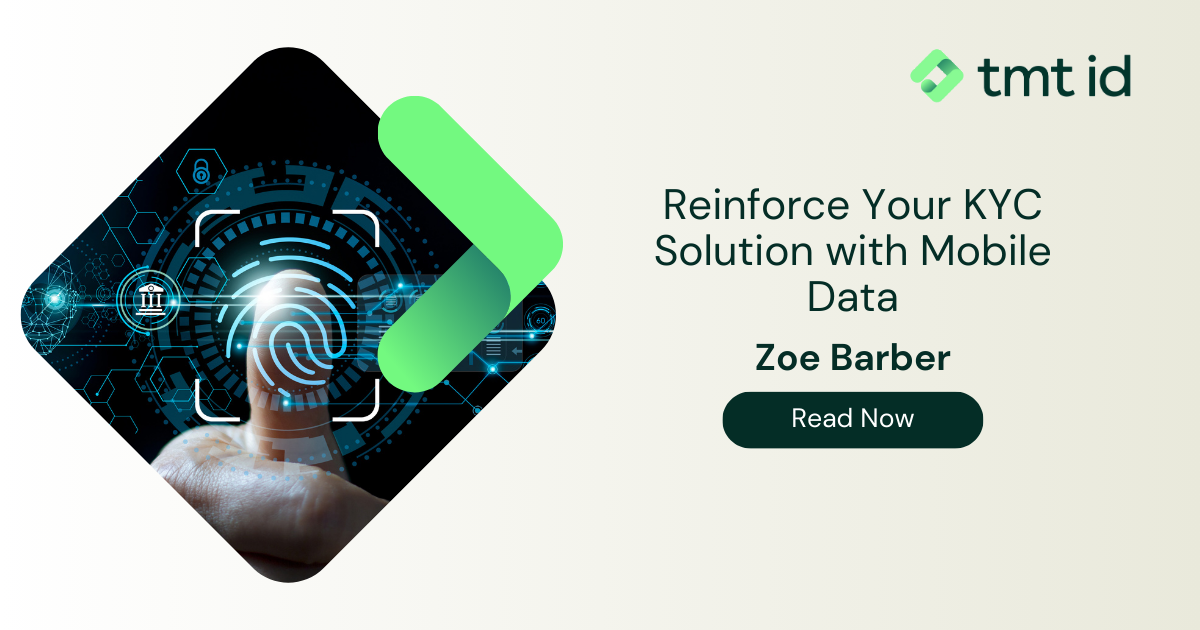 Promotional graphic for a KYC solution leveraging mobile data, featuring a fingerprint for digital identity verification.