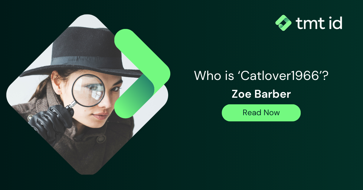 A promotional graphic featuring a woman with a magnifying glass and the text 'who is 'catlover1966'? Zoe Barber read now' for mobile identity.