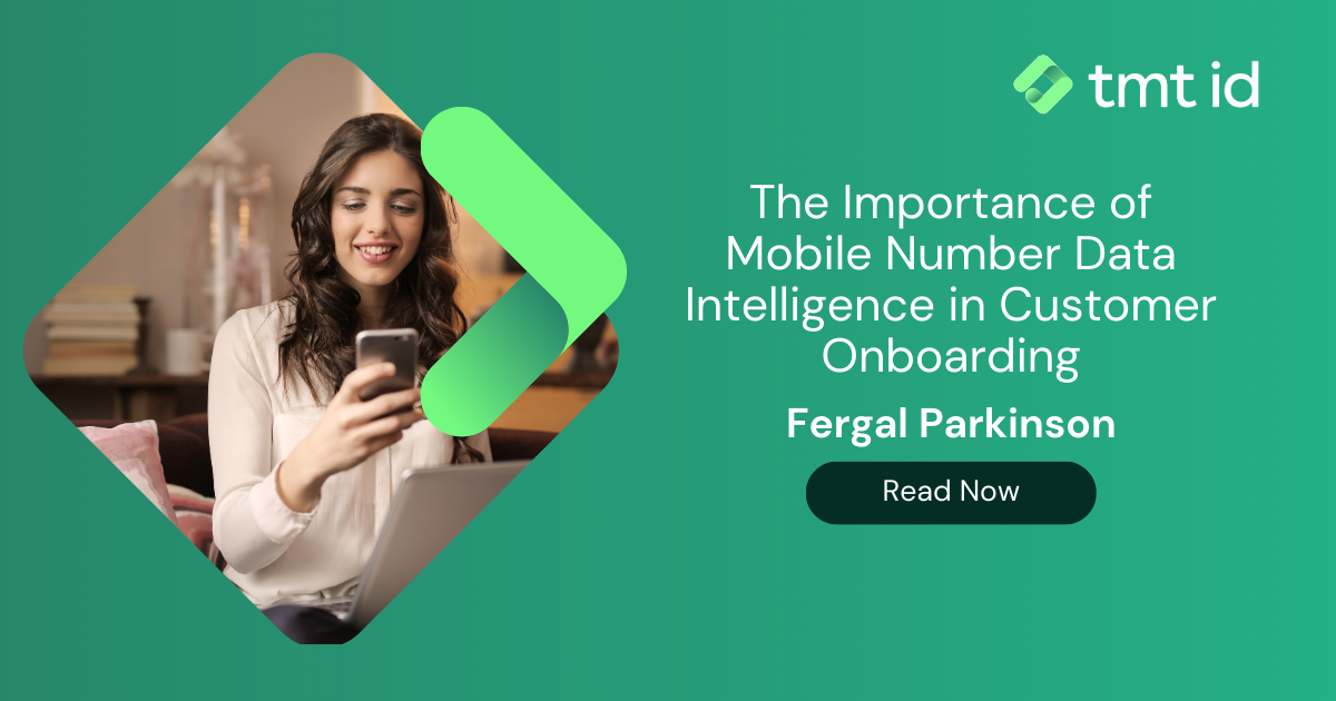 Woman smiling at her smartphone with an overlay discussing mobile number intelligence for onboarding.