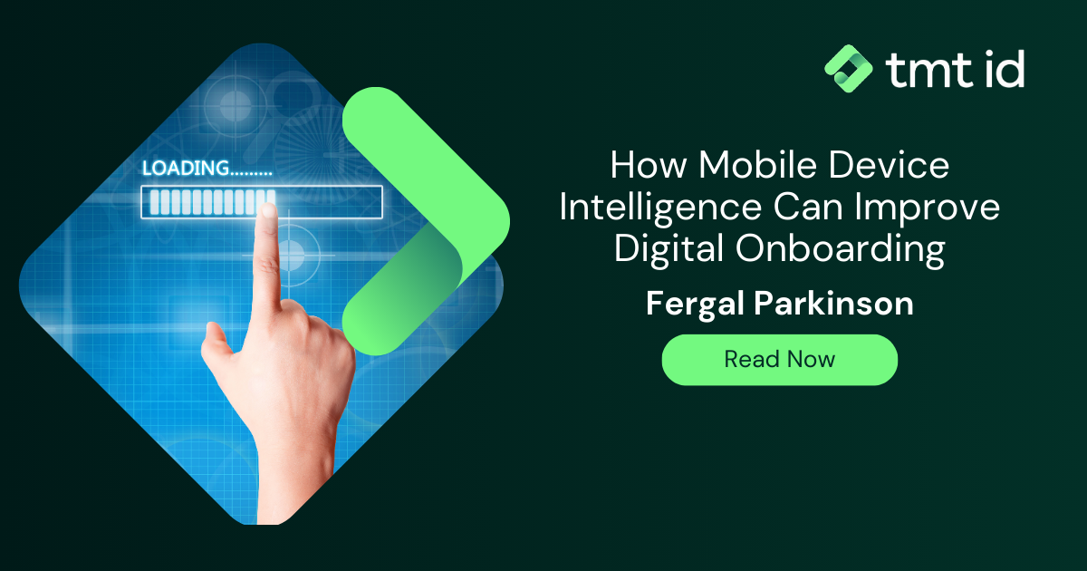 A digital advertisement for a resource on how mobile device intelligence can improve digital onboarding, featuring a finger tapping a loading icon.