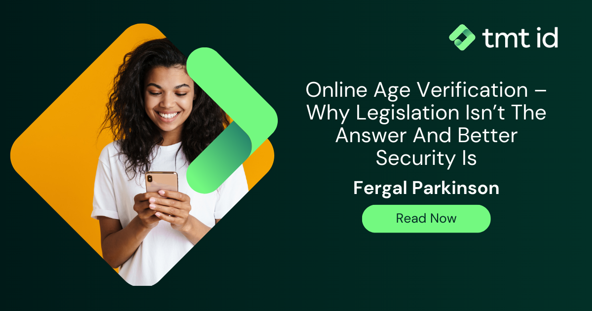 A woman smiling at her phone next to text about online age verification and security legislation.