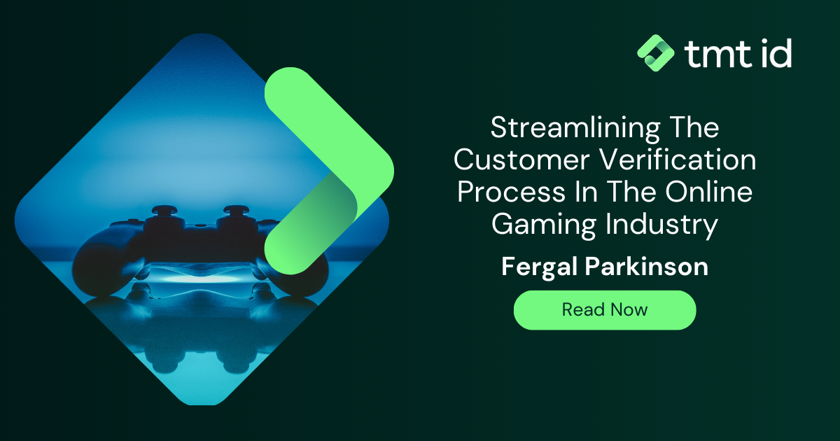 Announcement for a webinar on improving customer verification in the online gaming industry, hosted by Fergal Parkinson with TMT ID branding.