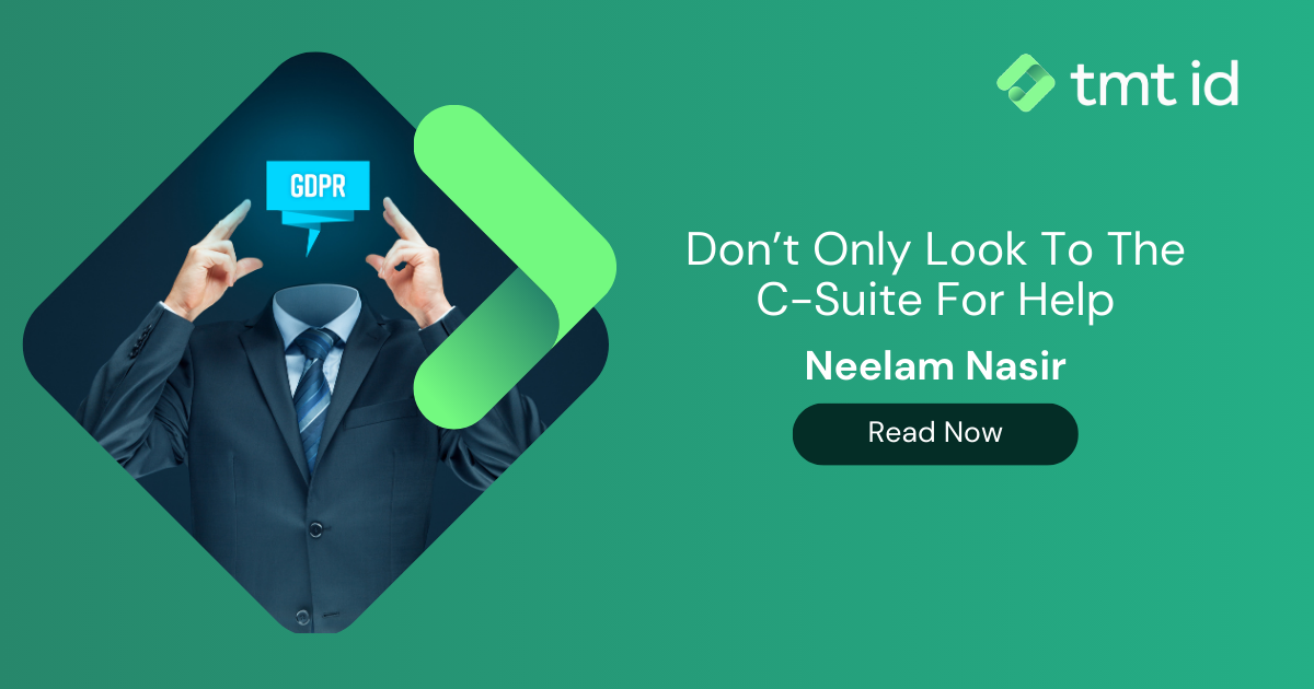 Professional in a suit pointing to a gdpr thought bubble with a promotional message for an article by neelam nasir.