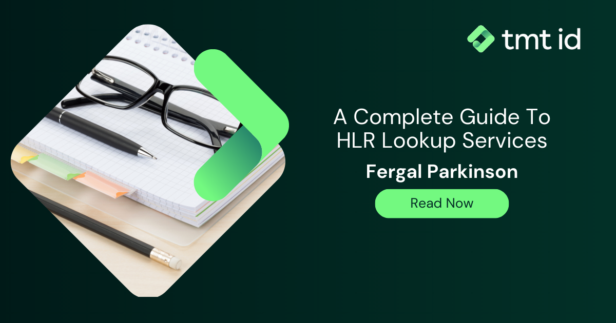 Eyeglasses on an open notebook with an advertisement for 'a complete guide to HLR lookup services' by Fergal Parkinson.