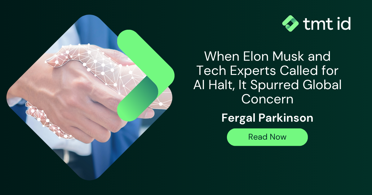 Business professional interacting with a digital interface featuring an artificial intelligence concept, referencing a call for an artificial intelligence technology halt by Elon Musk and tech experts, raising global concerns - an article advertised by T