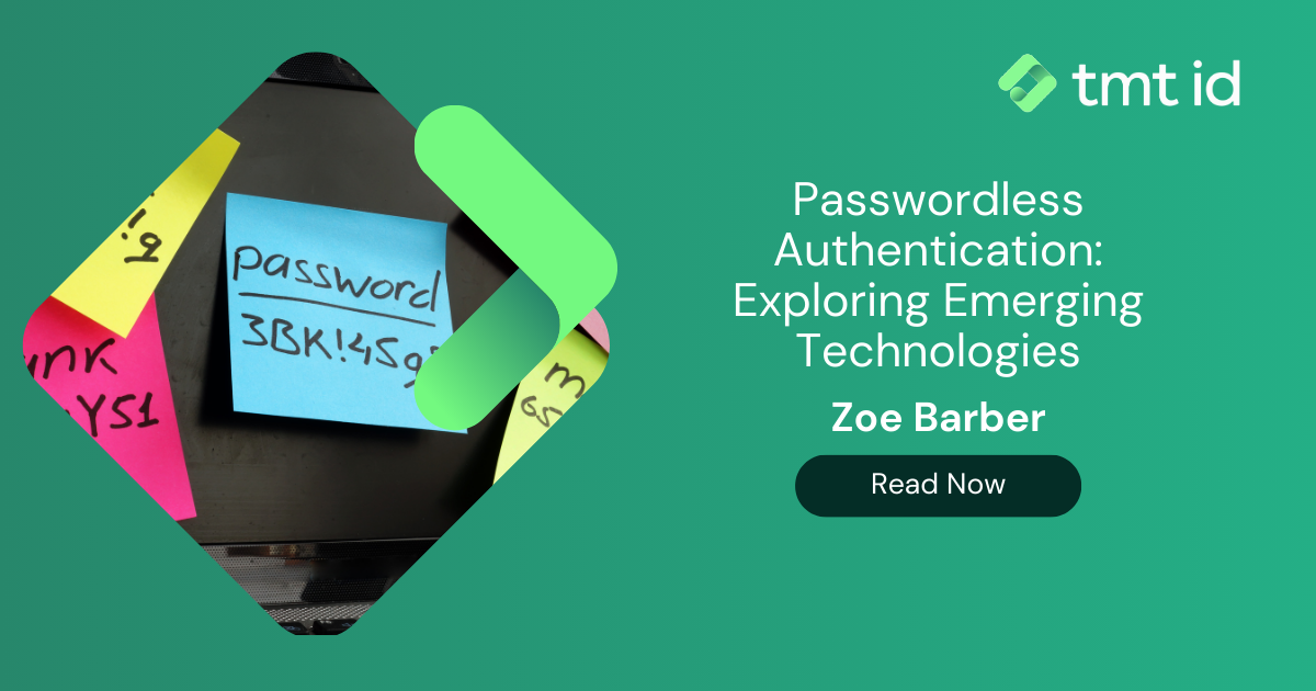 An advertisement for an article on passwordless authentication technologies, featuring a computer monitor with post-it notes.