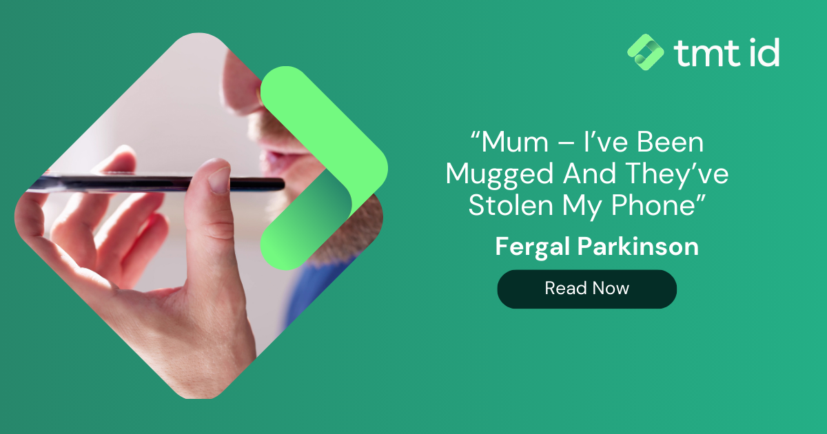 Hand holding a smartphone emerging from a cutout against a green background with a caption about a phone fraud incident.
