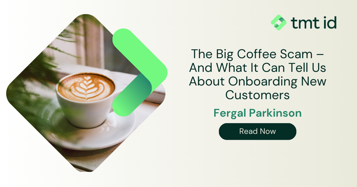 A cup of coffee with latte art on a table, accompanied by an advertisement for an article titled "the big coffee scam – and what it can tell us about authentication and onboarding new customers