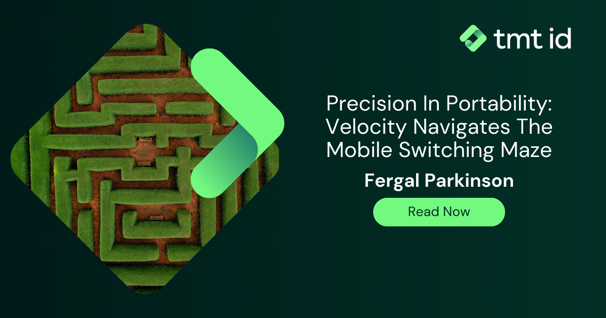 A graphic with a maze representing mobile number portability complexity, promoting a read on "precision in portability" by Fergal Parkinson.