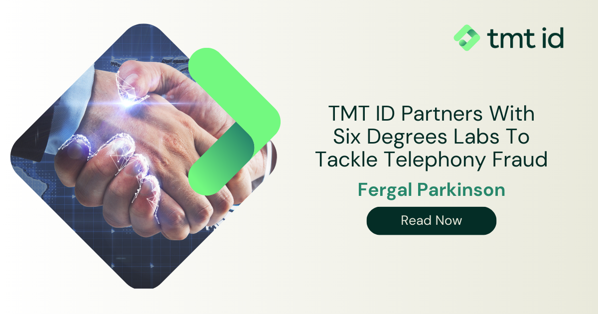 Digital composite image of a handshake superimposed with circuit patterns, promoting a partnership between tmt id and six degrees labs to combat telephony fraud.