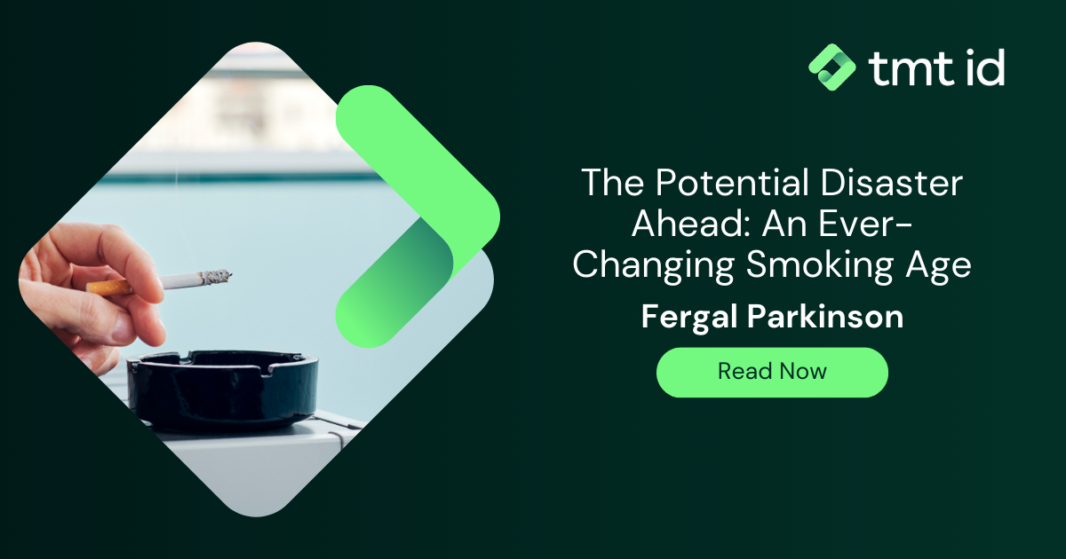 Promotional graphic for an article titled "The Potential Disaster Ahead: An Ever-Changing Smoking Age" by Fergal Parkinson.