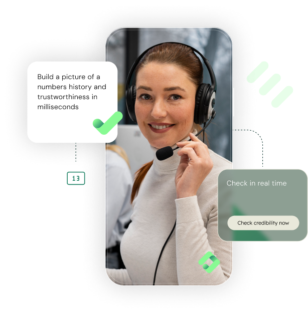 A customer service representative with a headset is featured inside a smartphone screen, surrounded by icons and text related to checking credibility and trustworthiness in real time.