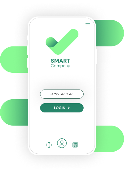 Ein Smartphone mit einem Anmeldebildschirm für „Smart Company“ in grün-weißem Farbschema.