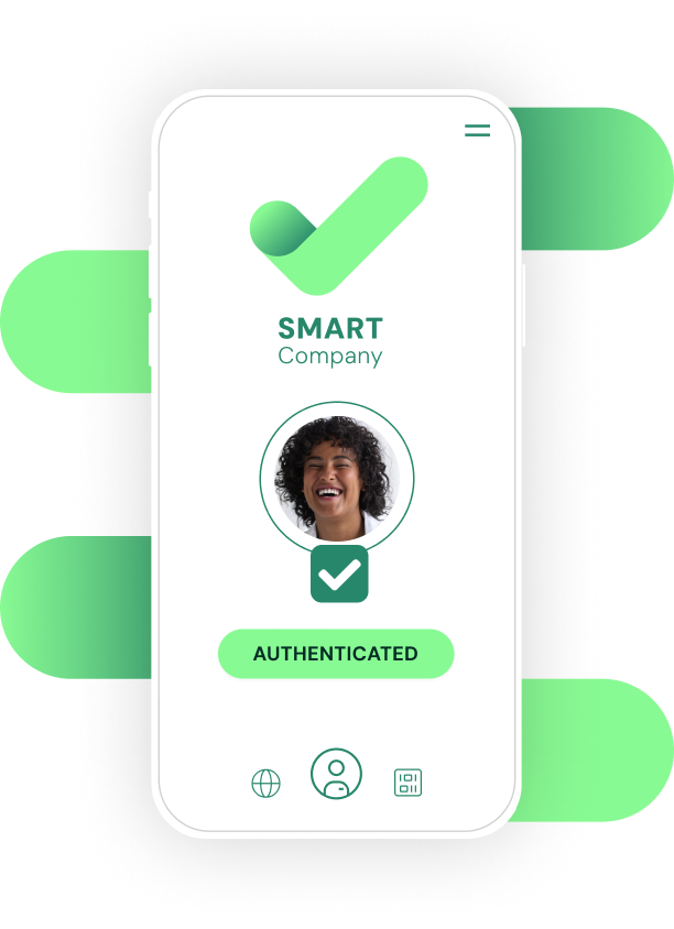 A smartphone displaying a user authentication success screen with a smiling person's photo, under the branding of 