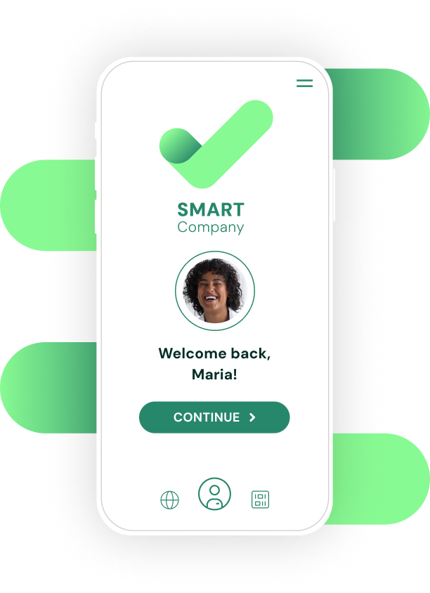 Ein Smartphone, auf dem ein Begrüßungsbildschirm der „Smart Company“-App mit einer personalisierten Begrüßung für eine Benutzerin namens Maria angezeigt wird.