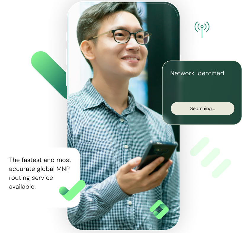 Man smiling while looking at his phone with a graphic overlay illustrating network searching and mobile routing service advertisement.