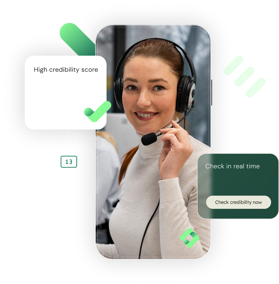 Customer service representative with a headset featuring credibility scoring metrics.