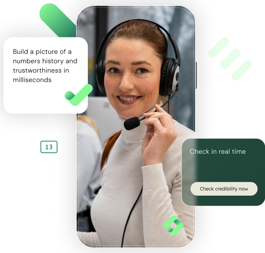 Customer service representative wearing a headset, with graphic elements emphasizing real-time checks and data verification.