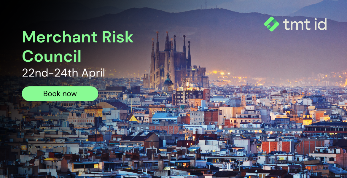 Barcelona cityscape at dusk with advertisement for merchant risk council event, 22nd-24th april.