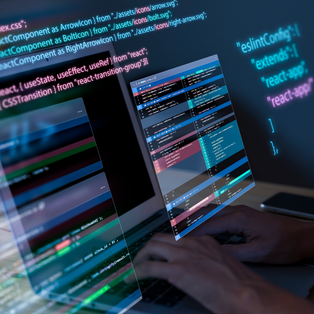 Une personne codant sur un ordinateur portable avec un écran affichant l'environnement de développement logiciel et les effets de superposition de code.