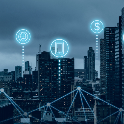 Un paysage urbain conceptuel avec des icônes superposées représentant la connectivité mondiale, la technologie mobile et la finance, symbolisant une économie numérique en réseau.