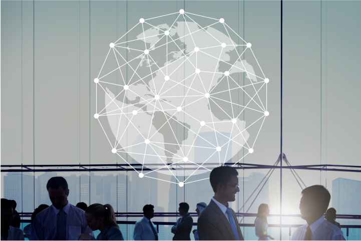 Business professionals with a digital network overlay, symbolizing global communication and connectivity.