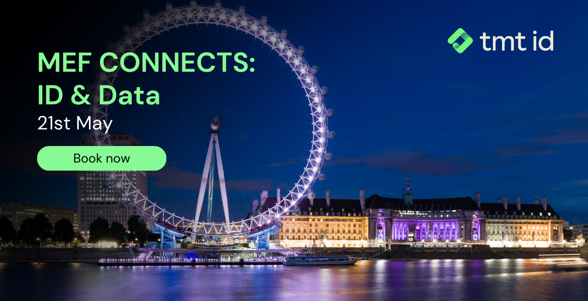 Night view of the london eye with promotional text for an event called "mef connects: id & data" scheduled for 21st may, with a call to action to book now.