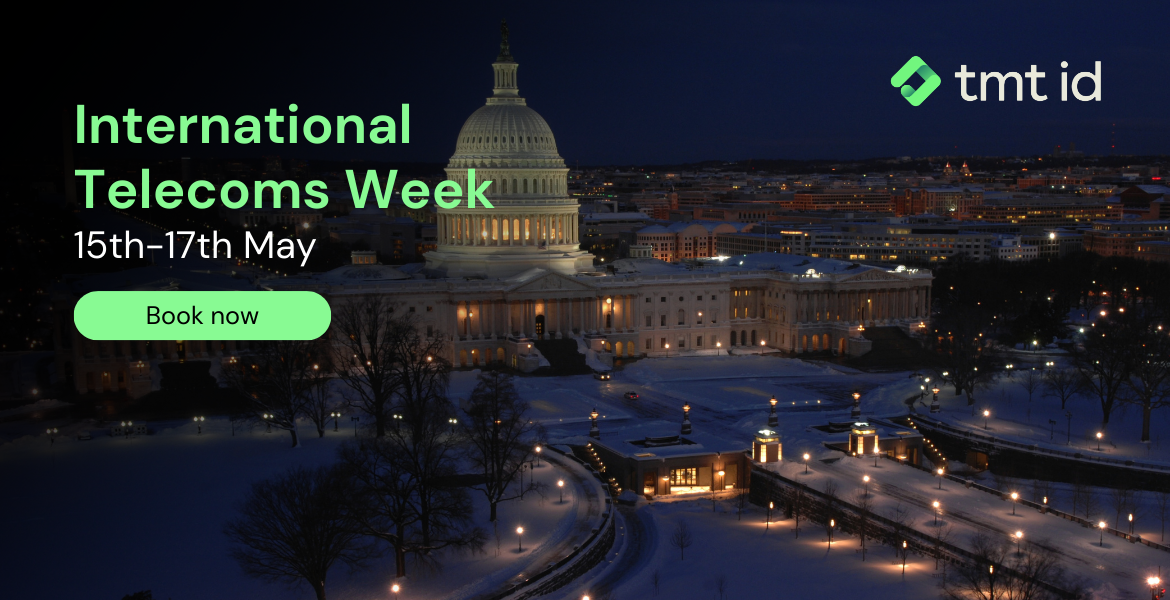 The united states capitol building at night with a promotional overlay for international telecoms week.
