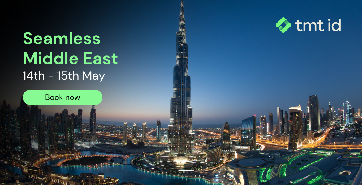 Promotional image for "seamless middle east" event, featuring dubai's skyline with the burj khalifa at dusk and a "book now" button.