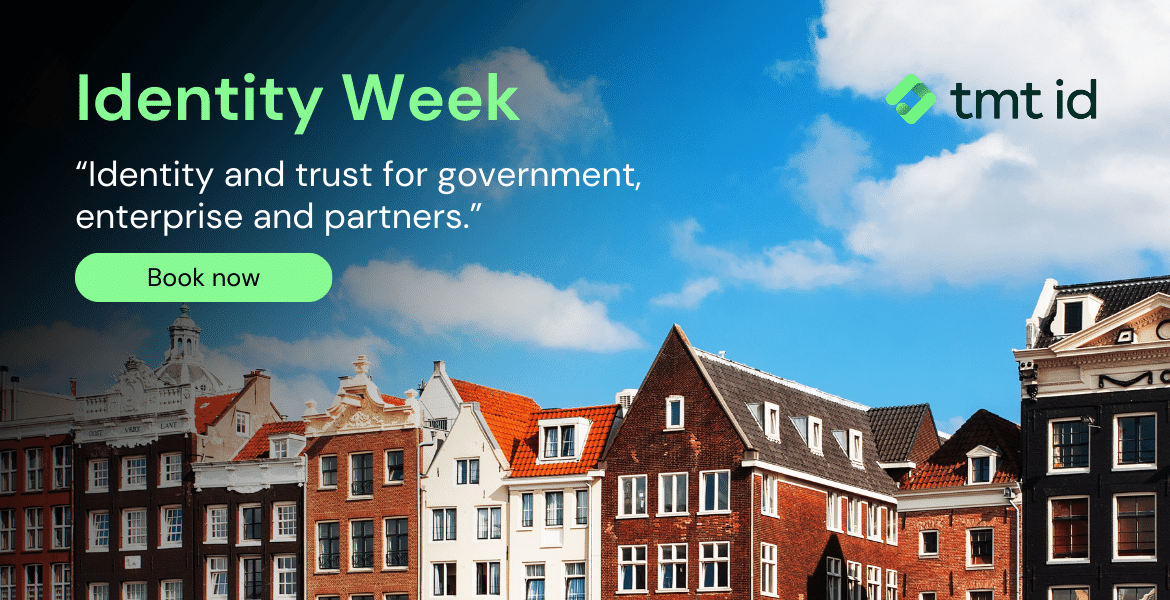 Advertisement for Identity Week, featuring the text "Identity and trust for government, enterprise, and partners." A "Book now" button and a background image of a cityscape with traditional European buildings are visible.