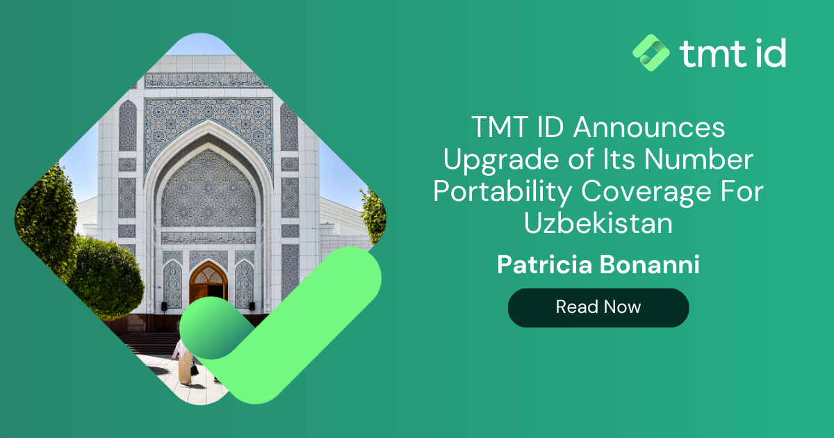 TMT ID announces expansion of number portability coverage in Uzbekistan. Read more from Patricia Bonanni. Image shows a mosque with intricate tiled patterns in the background and TMT ID logo.