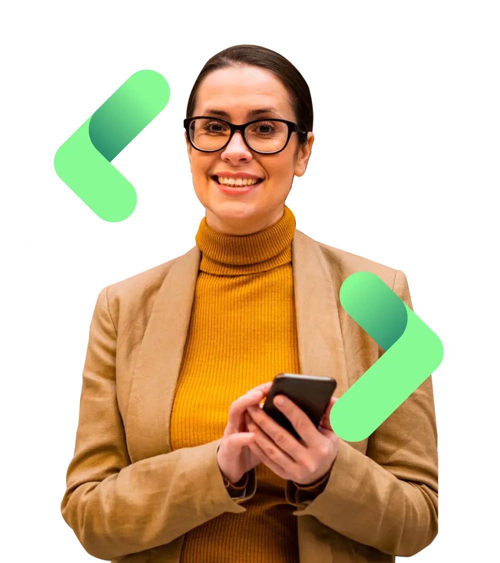 Woman in glasses and a turtleneck smiling while holding a smartphone, with graphic elements in the background.